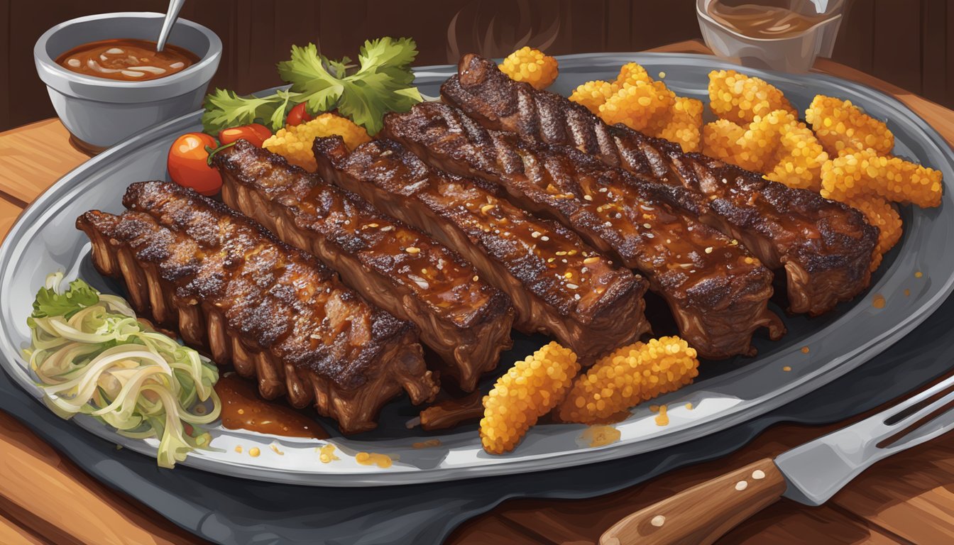 A grill sizzling with Texas-style baby back ribs, coated in mop sauce and marinades