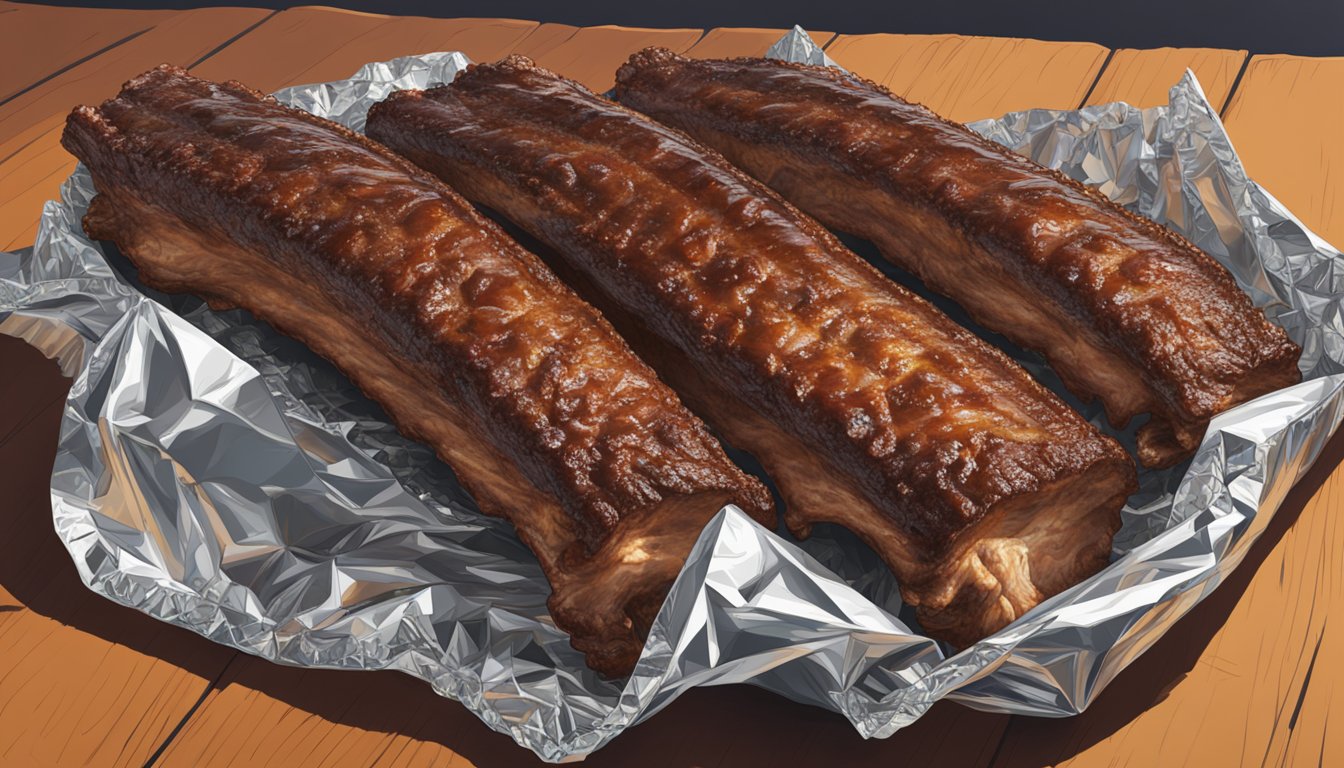 A rack of Texas-style baby back ribs is being tightly wrapped in aluminum foil