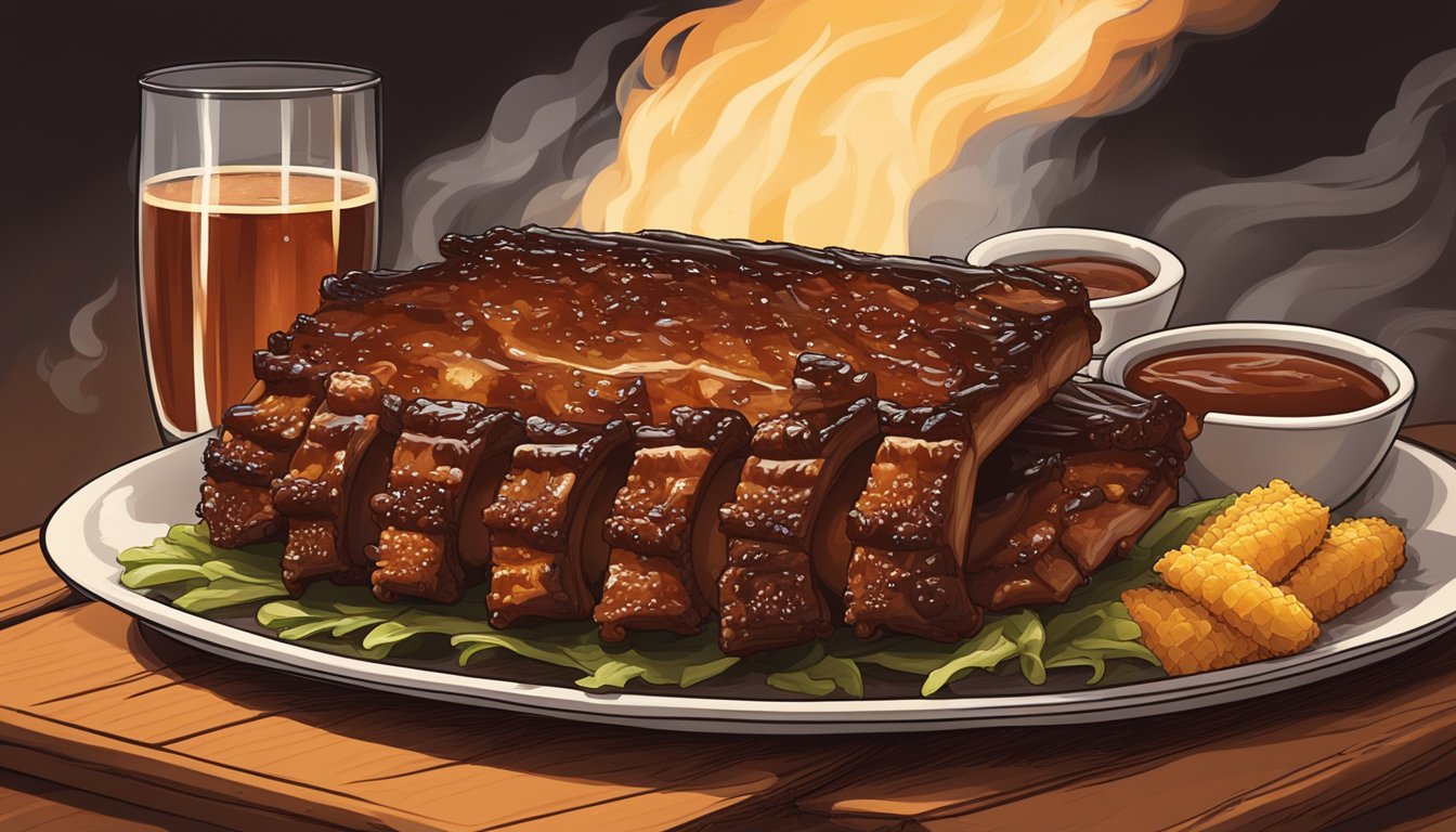 A sizzling rack of Texas-style baby back ribs, glazed with a rich, smoky barbecue sauce, glistening under the warm glow of a grill