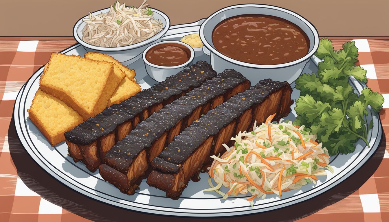 A platter of Texas-style baby back ribs, glistening with barbecue sauce, surrounded by sides of coleslaw and cornbread