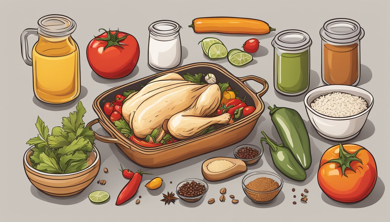 A colorful spread of ingredients including chicken, tomatoes, peppers, and spices, ready to be cooked into a flavorful shredded Mexican chicken dish