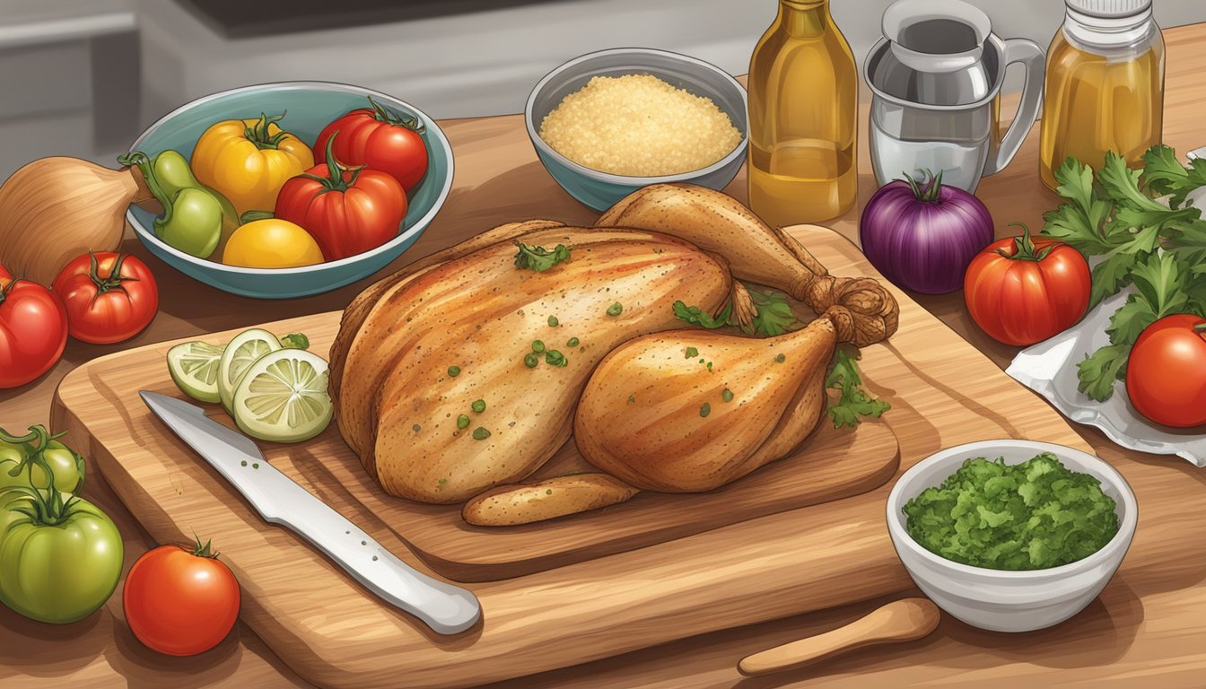 A cutting board with fresh ingredients: chicken, tomatoes, onions, and peppers, alongside a bottle of seasoning and a bowl for mixing