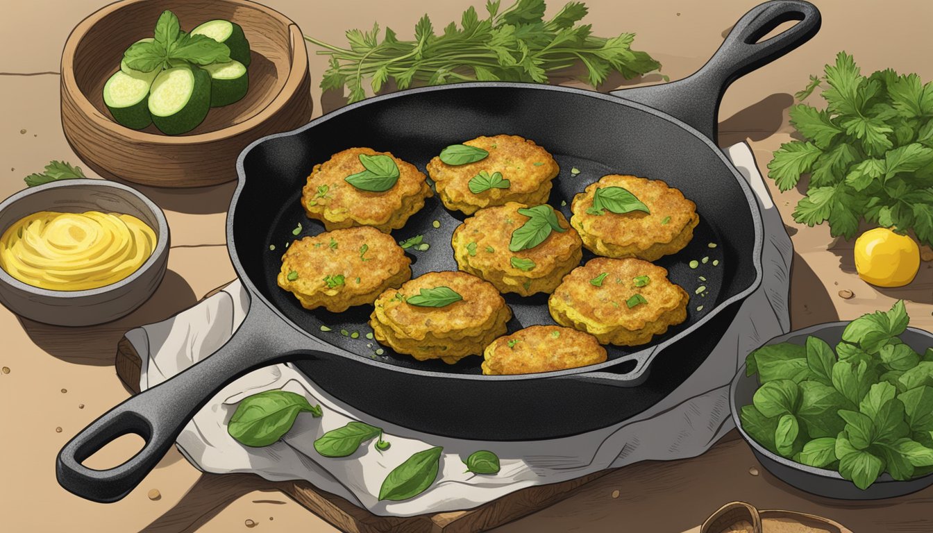 Golden zucchini fritters sizzling in a cast iron skillet, surrounded by fresh herbs and spices