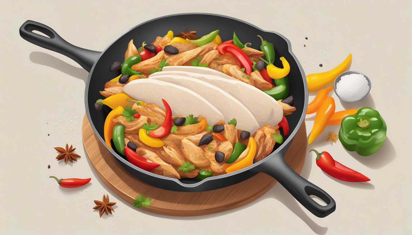 A skillet sizzling with seasoned chicken being shredded and mixed with colorful peppers and spices, ready to be used for tacos, salads, and more