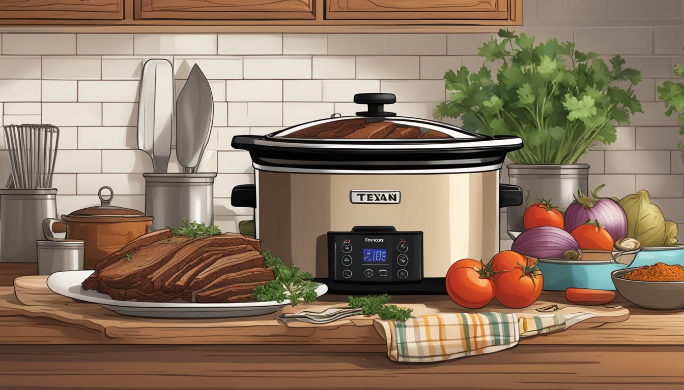 A rustic kitchen with Texan decor, featuring a slow cooker filled with tender brisket and various spices, alongside fresh ingredients like tomatoes, onions, and cilantro