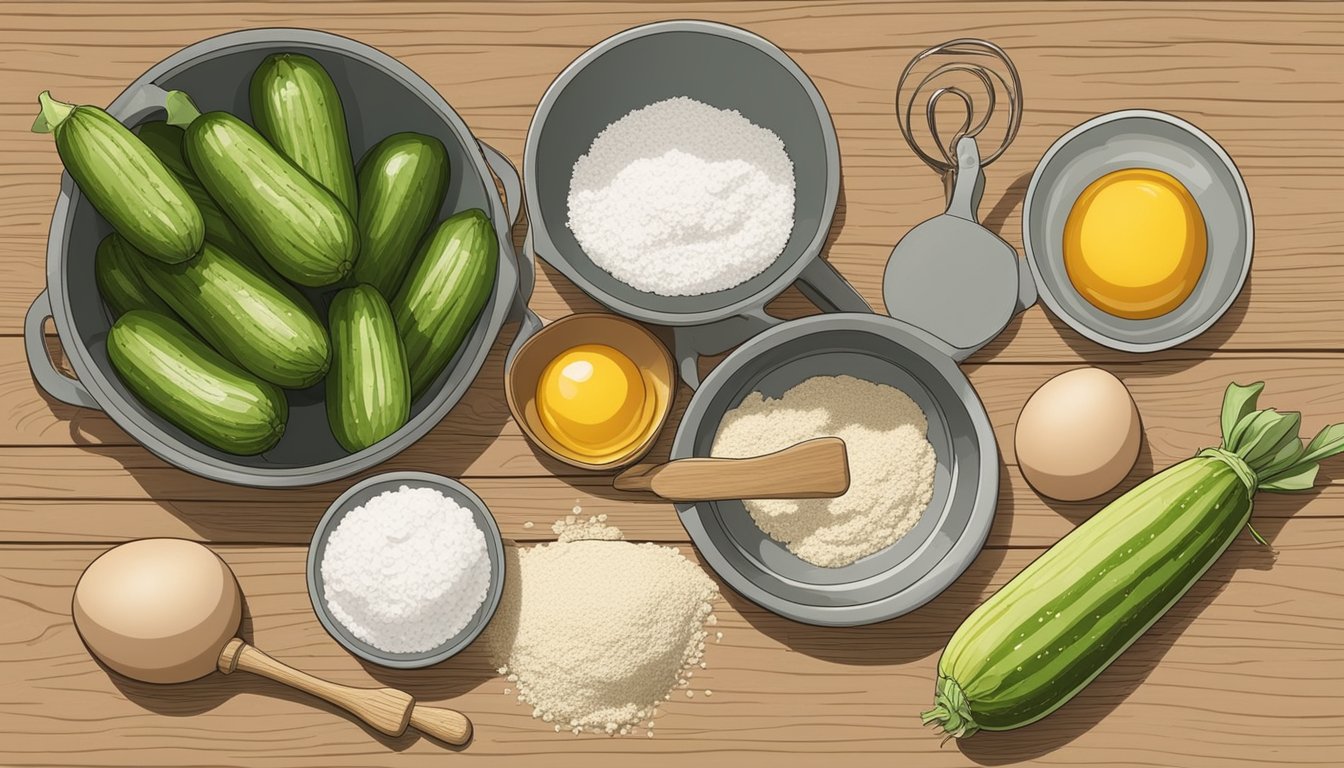 Fresh zucchinis, flour, eggs, and spices laid out on a wooden kitchen counter next to a mixing bowl and a whisk