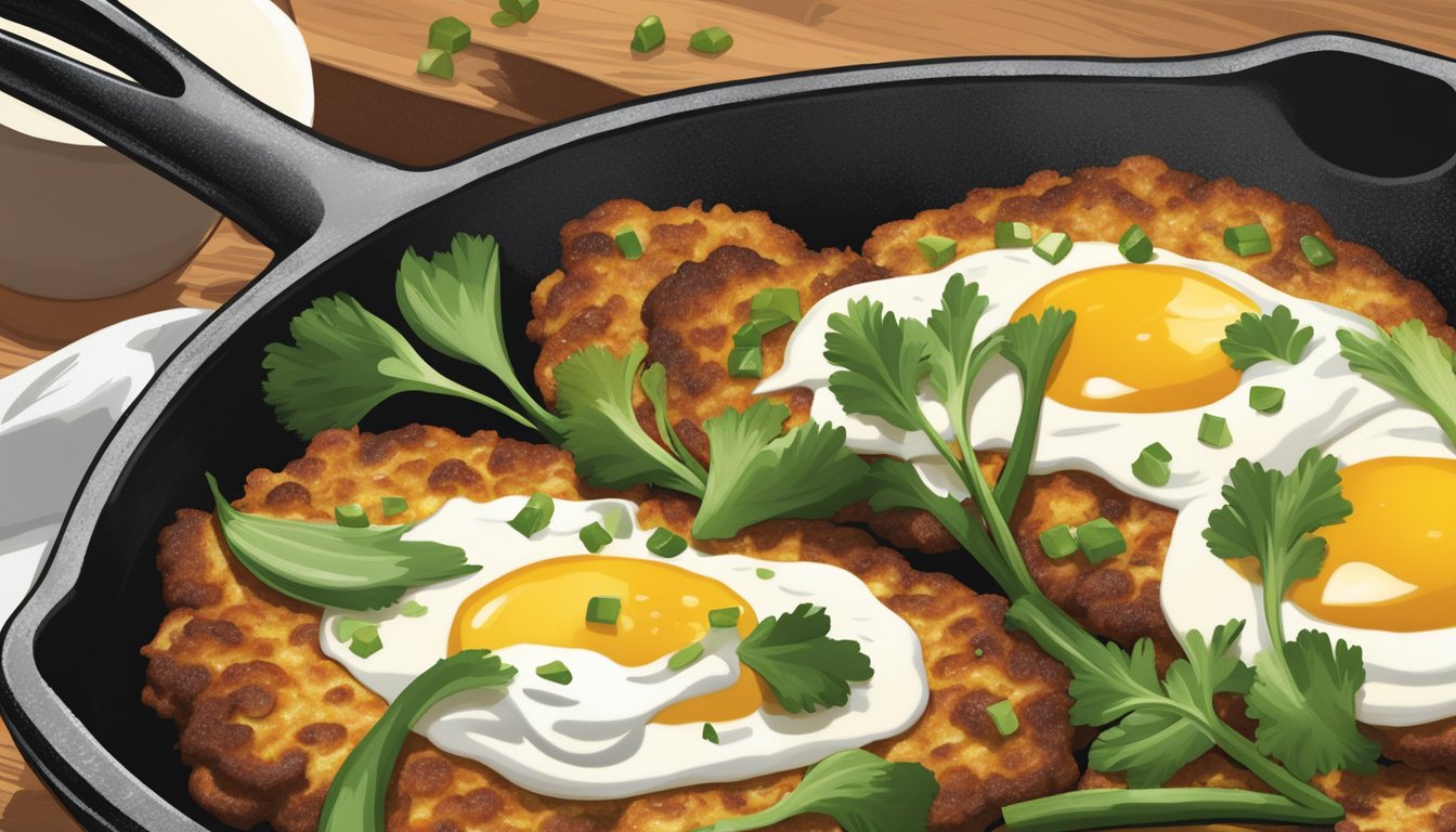 A cast iron skillet sizzling with golden-brown zucchini fritters, garnished with a dollop of sour cream and a sprinkle of chopped chives