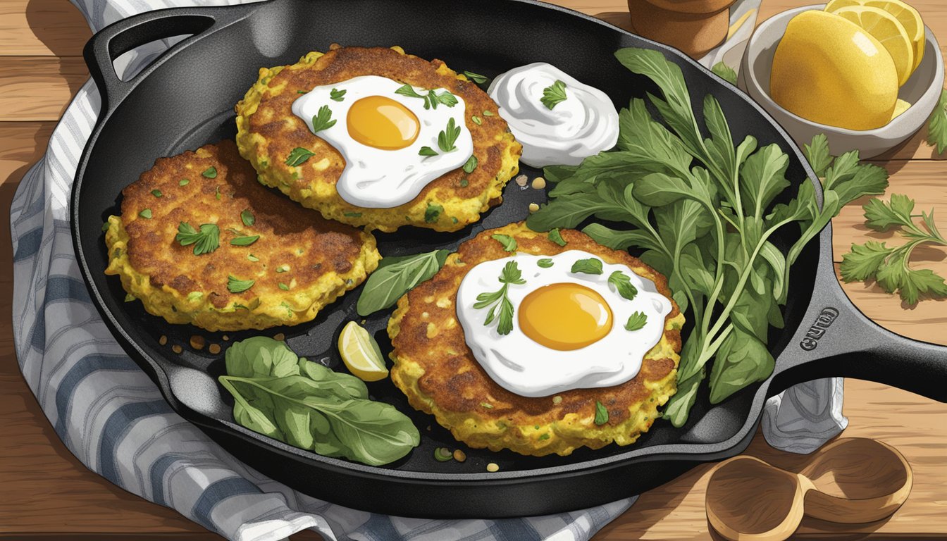 A cast iron skillet sizzling with golden brown zucchini fritters, surrounded by fresh herbs and a dollop of sour cream