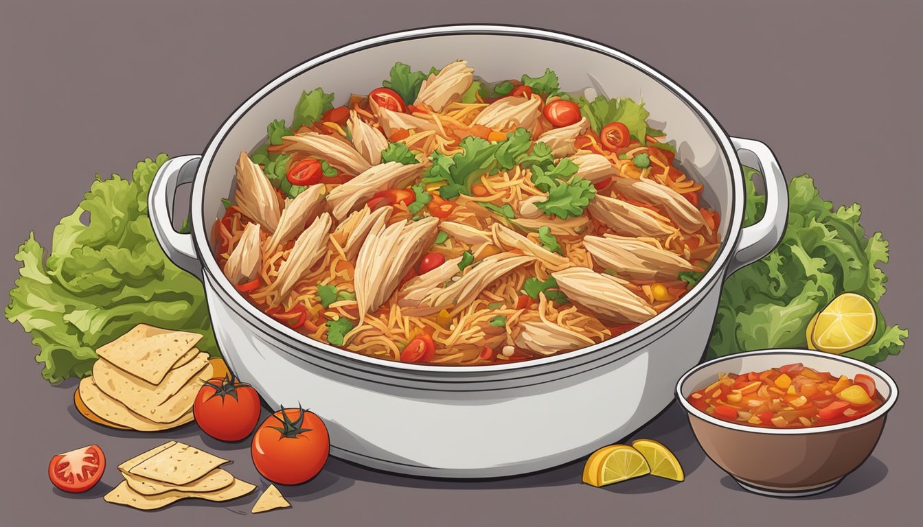 A steaming pot of shredded chicken surrounded by colorful ingredients like tomatoes, lettuce, and tortillas, with a bowl of vibrant salsa on the side