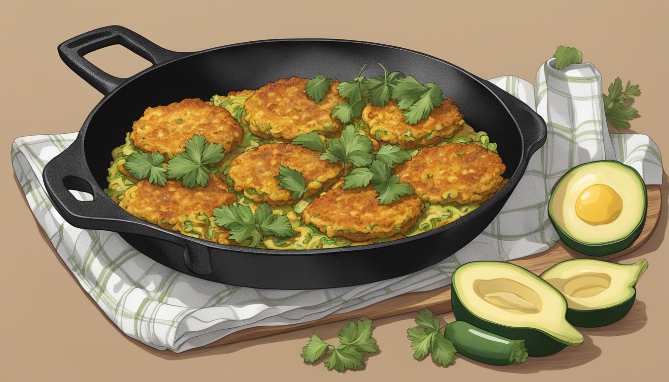 A sizzling cast iron skillet with golden-brown zucchini fritters, surrounded by Texan spices and fresh ingredients