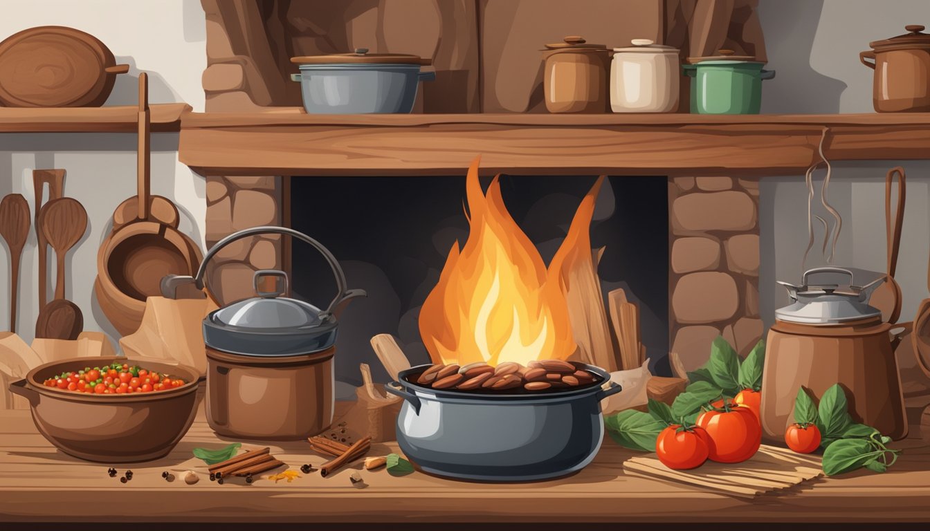 A rustic kitchen with pots simmering over a fire, surrounded by ingredients like beans, tomatoes, and spices. A cowboy hat hangs on a hook