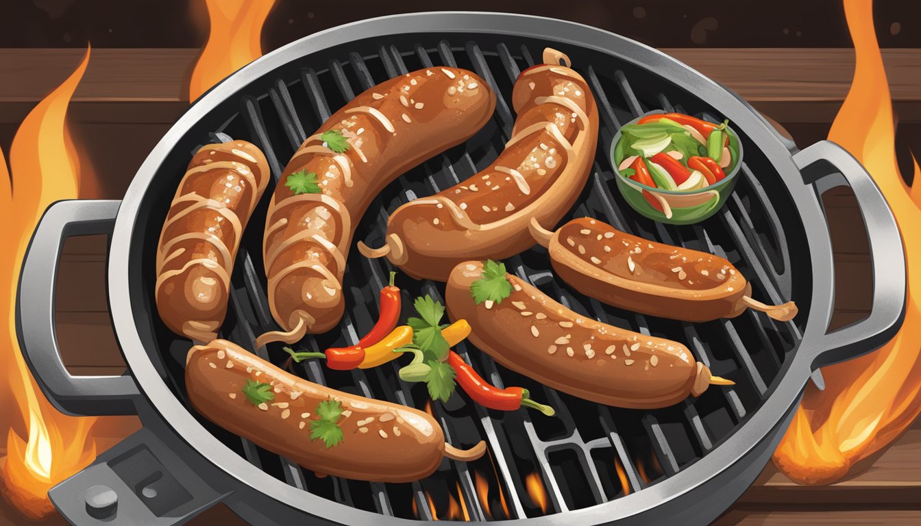 A sizzling bratwurst cooks over an open flame on a Texas-style grill, surrounded by sizzling onions and peppers