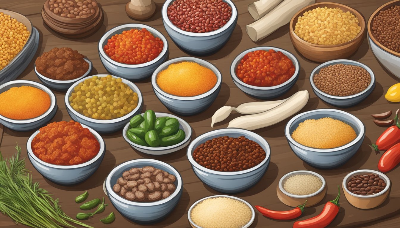 A rustic kitchen counter with a variety of Texan chili ingredients, including ground beef, beans, tomatoes, onions, and spices