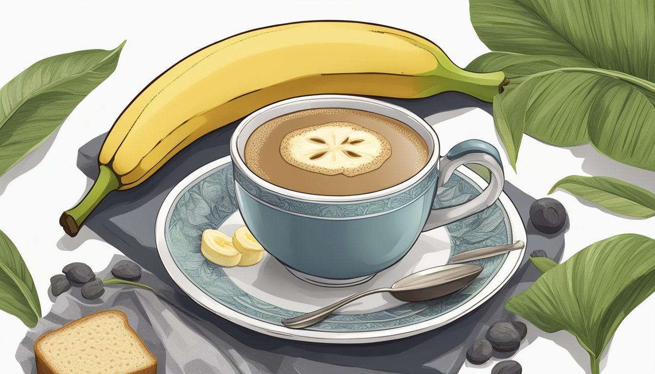 A steaming cup of Texas-style Earl Grey tea next to a loaf of banana bread, surrounded by fresh bananas and fragrant tea leaves