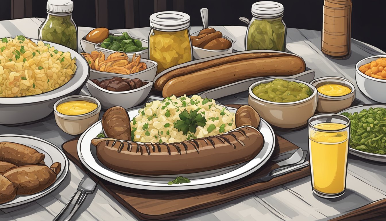 A table set with a variety of condiments and sides, including sauerkraut, mustard, pickles, and potato salad, alongside a plate of freshly grilled bratwurst