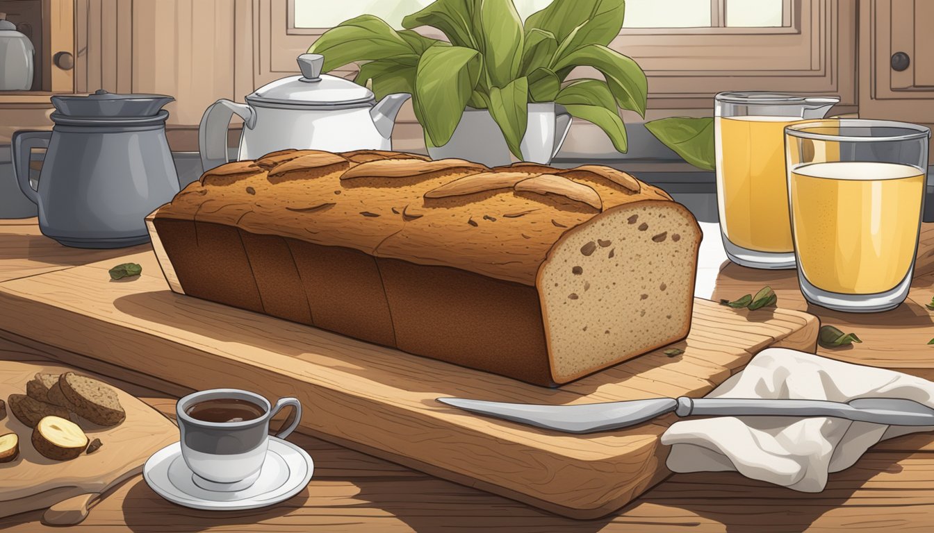 A rustic kitchen with a steaming loaf of earl grey-infused banana bread cooling on a wooden cutting board, surrounded by scattered tea leaves and ripe bananas