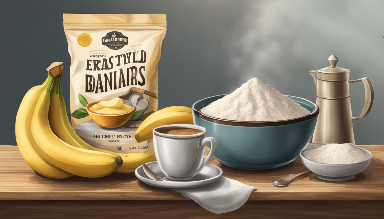 A rustic kitchen counter holds a bowl of ripe bananas, a bag of Texas-style Earl Grey tea, and a scattering of flour and sugar