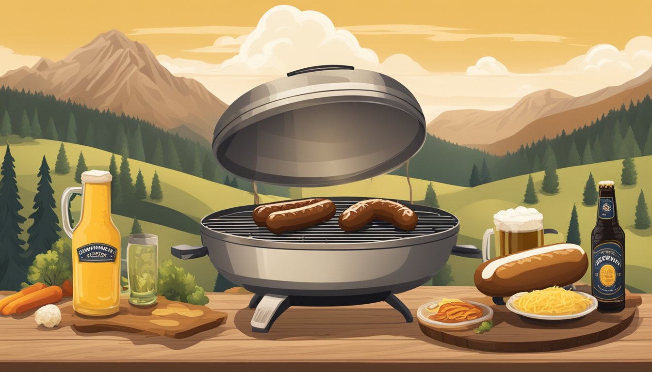 A Texas landscape with a traditional German bratwurst cooking over a smoky grill, surrounded by ingredients like sauerkraut, mustard, and beer