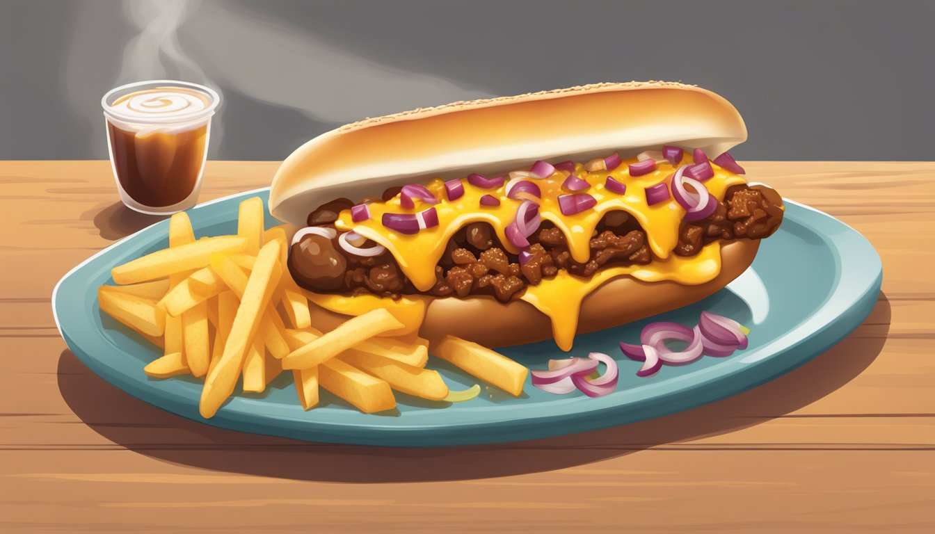 A steaming chili dog topped with spicy beef chili, melted cheese, and diced onions, served on a toasted bun with a side of crispy fries