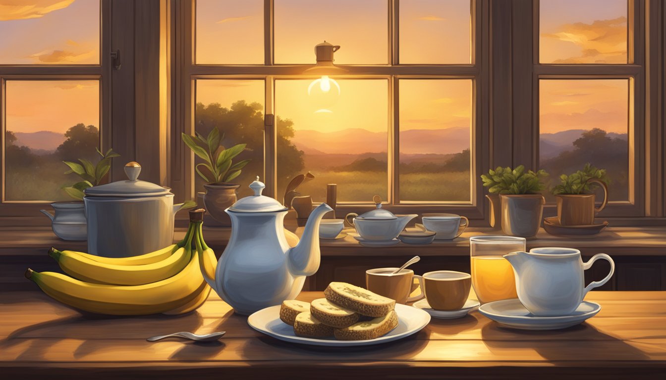 A rustic kitchen with a vintage tea set, ripe bananas, and a bag of Earl Grey tea, surrounded by the warm glow of a Texas sunset