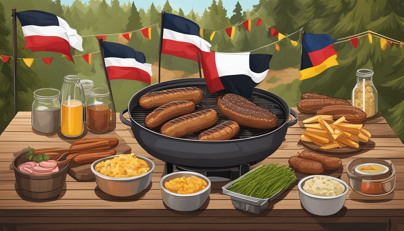 A rustic outdoor setting with a traditional Texas barbecue pit, surrounded by German flags and decorations. Ingredients for making bratwurst are laid out on a wooden table