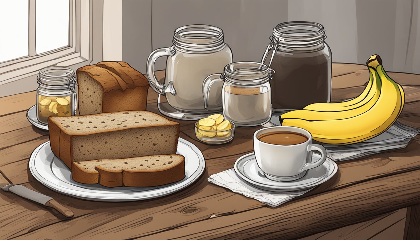 A rustic wooden table with a steaming mug of earl grey tea, a loaf of banana bread, and various jars of customized toppings