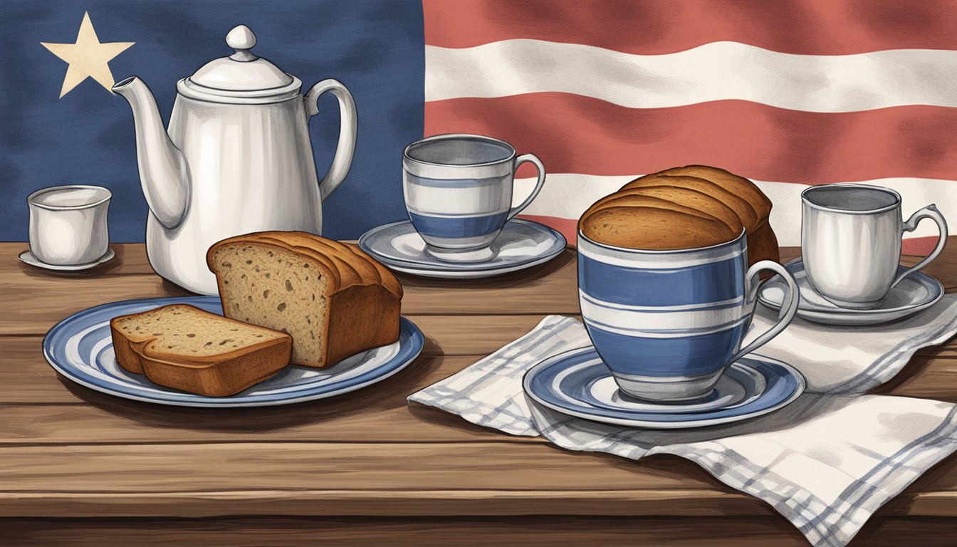 A rustic wooden table with a vintage tea set, a loaf of earl grey banana bread, and a Texas flag napkin