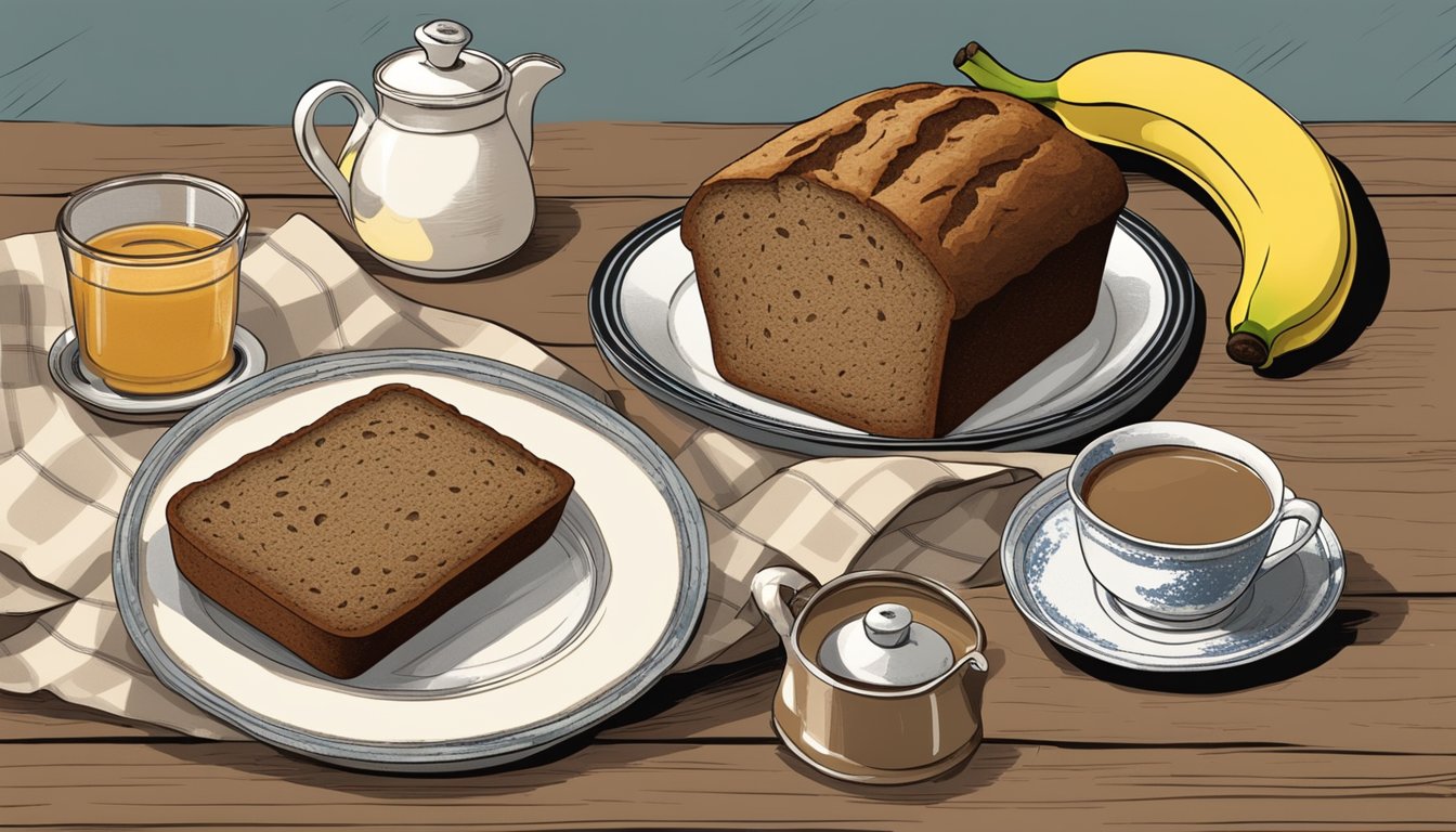 A rustic kitchen counter with a loaf of Texas-style earl grey banana bread, surrounded by fresh bananas and a vintage tin of loose leaf tea