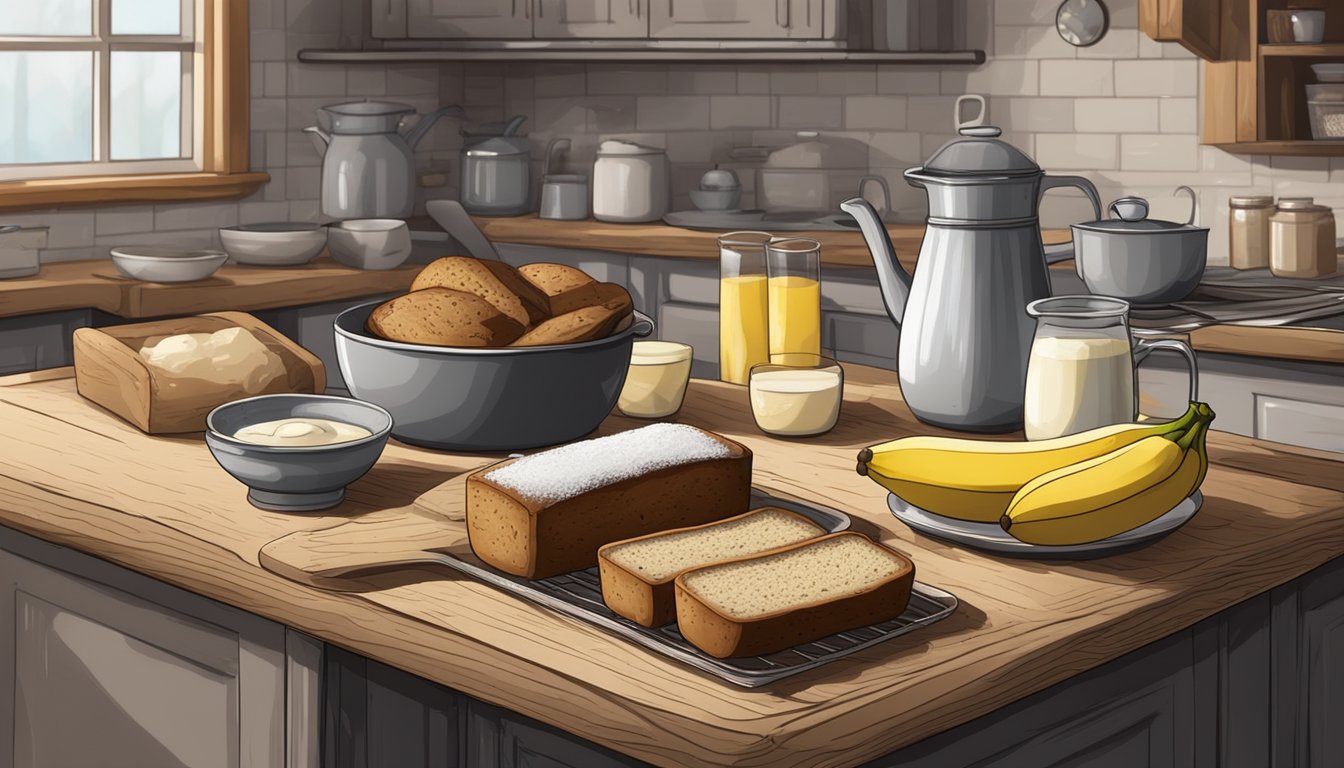 A rustic kitchen with a wooden table spread with ingredients like bananas, flour, and butter, with a steaming loaf of earl grey banana bread fresh from the oven