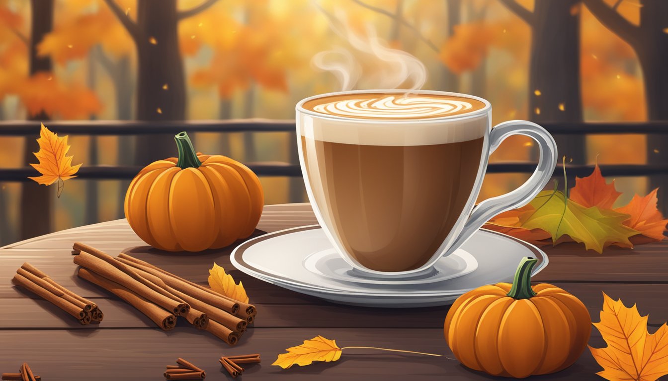 A rustic wooden table with a steaming mug of pumpkin spice latte surrounded by cinnamon sticks, cloves, and a pumpkin, all set against a backdrop of autumn leaves