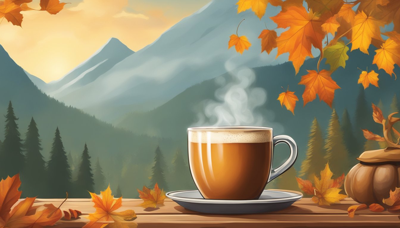 Steam rises from a rustic coffee mug filled with a rich, pumpkin spice latte. A backdrop of autumn leaves and a cowboy hat complete the Texas-style scene