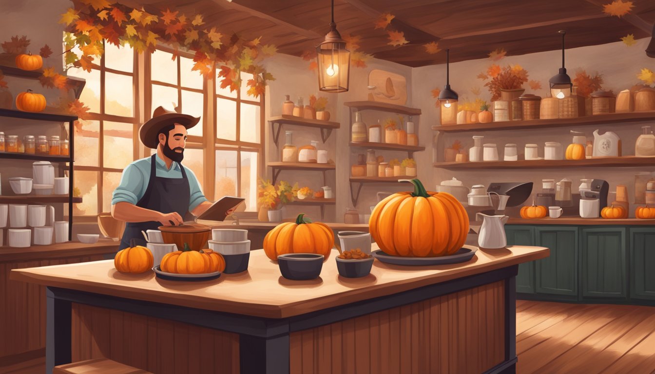 A rustic Texas-themed coffee shop with a barista expertly mixing pumpkin spice ingredients in a large copper pot, surrounded by autumn decor