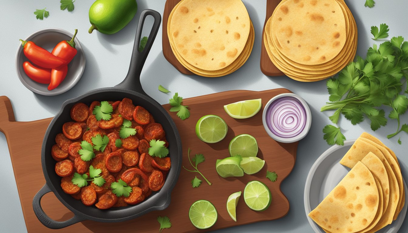 A sizzling skillet of spicy chorizo, onions, and peppers, surrounded by fresh cilantro, lime wedges, and warm tortillas