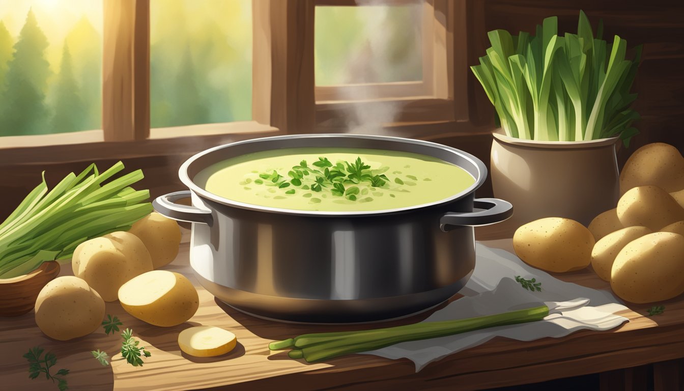 A steaming pot of green leek and potato soup sits on a rustic wooden table, surrounded by fresh ingredients like potatoes, leeks, and herbs. Sunlight filters through a window, casting a warm glow over the scene