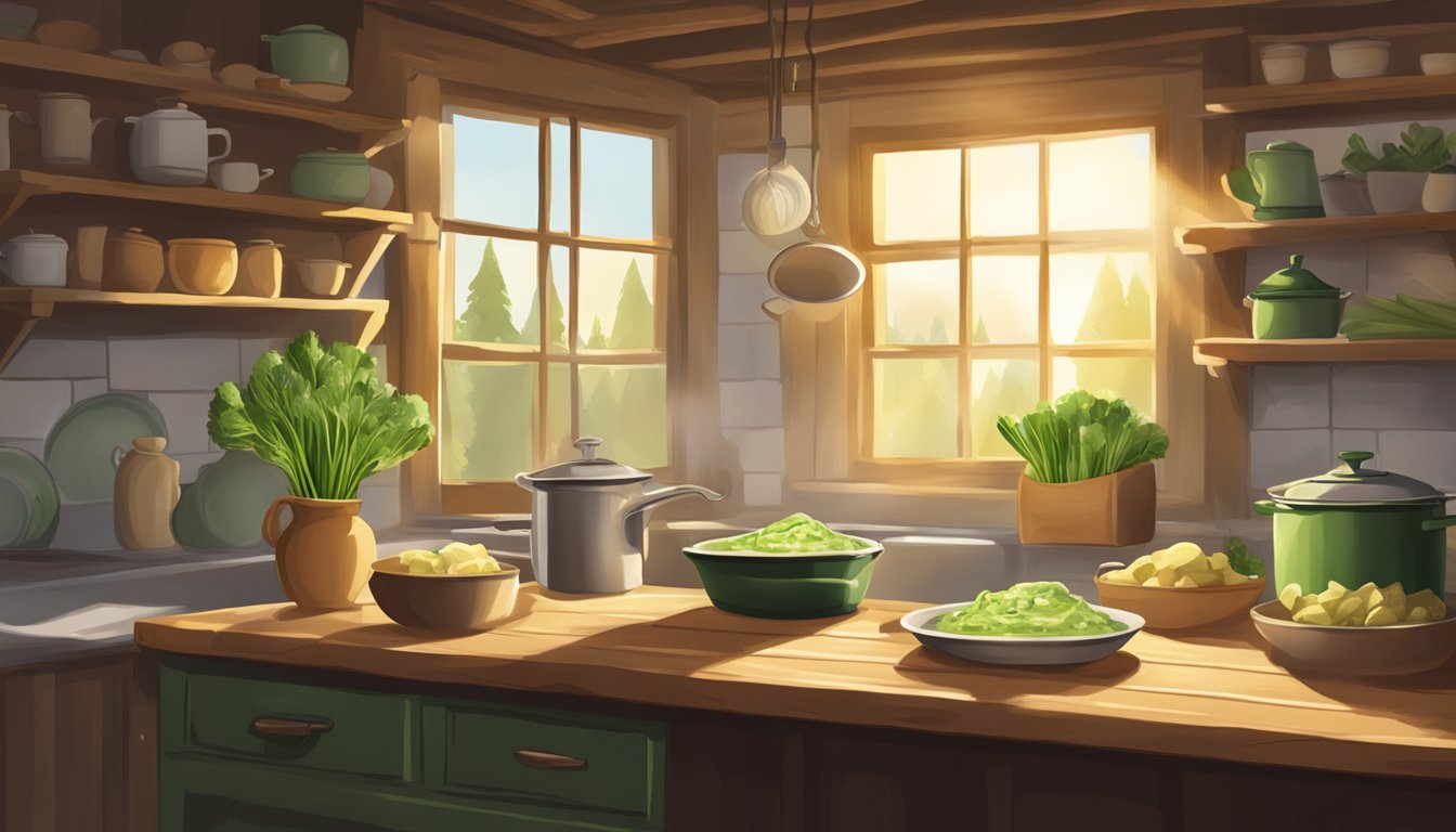 A cozy kitchen with a steaming pot of green leek and potato soup, surrounded by rustic Texas decor and warm winter sunlight streaming in through the window