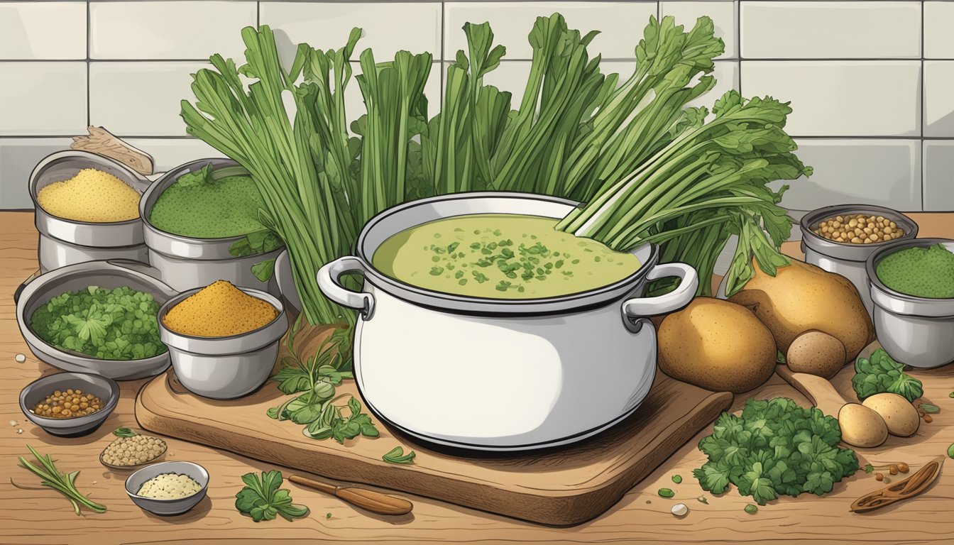 Steam rises from a large pot of green Irish leek and potato soup, surrounded by Texas-style spices and ingredients