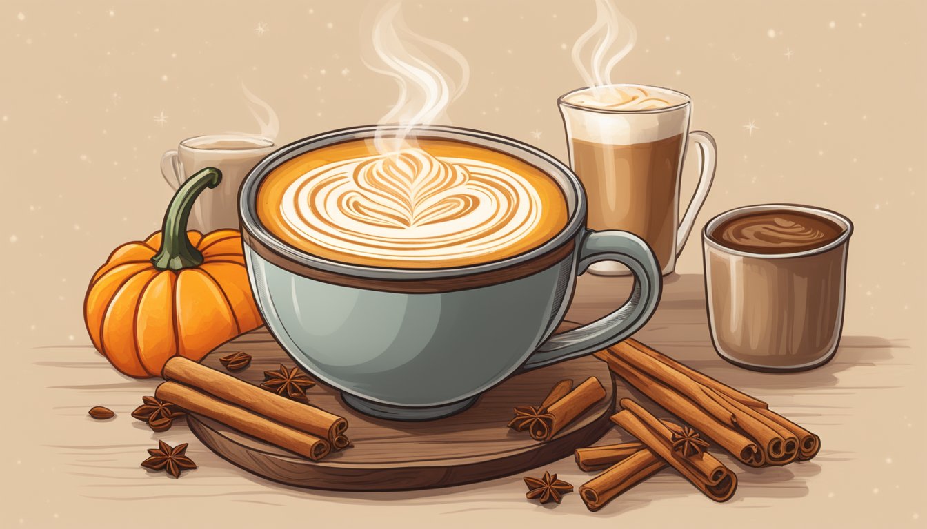 A rustic wooden table with a steaming mug of pumpkin spice latte, surrounded by cinnamon sticks, dried orange slices, and a Texas-themed mug