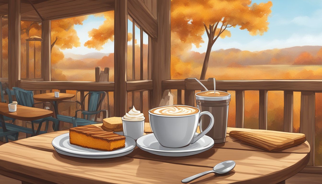 A cozy cafe table with a steaming pumpkin spice latte next to a plate of Texas-style BBQ ribs and cornbread. A rustic autumn backdrop completes the scene