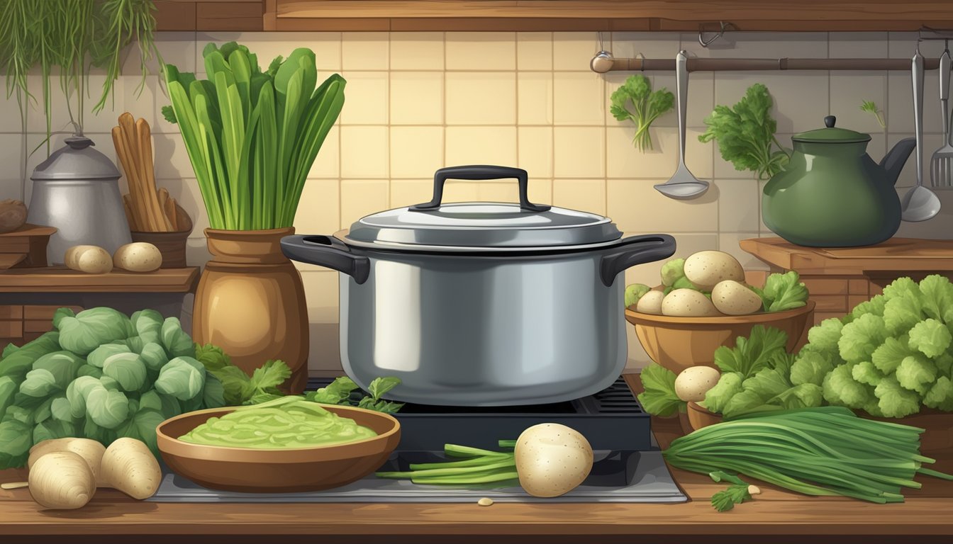 A cozy kitchen with a bubbling pot of green leek and potato soup on a rustic stove, surrounded by winter vegetables and herbs