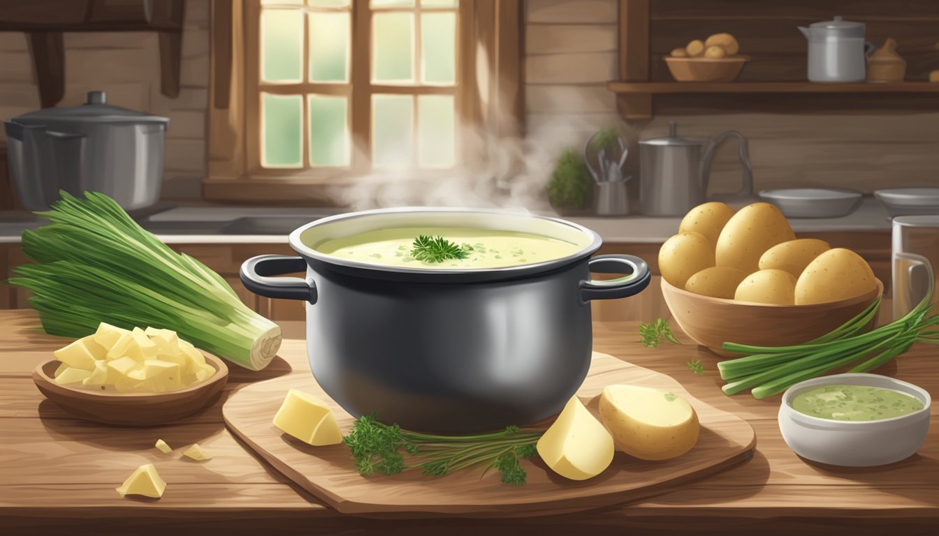 A steaming pot of creamy leek and potato soup, garnished with fresh herbs, sits on a rustic wooden table in a cozy Texas kitchen