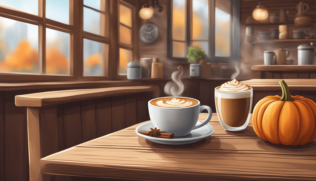 A cozy coffee shop with rustic decor, pumpkins, and cinnamon sticks, with a steaming pumpkin spice latte on a wooden table