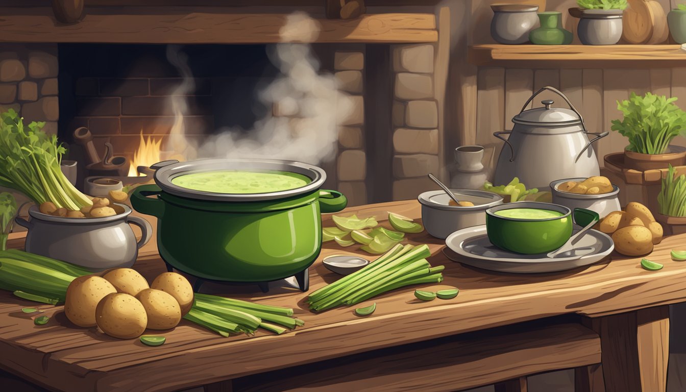 A steaming pot of green leek and potato soup sits on a rustic wooden table, surrounded by bowls and spoons. A cozy fireplace crackles in the background