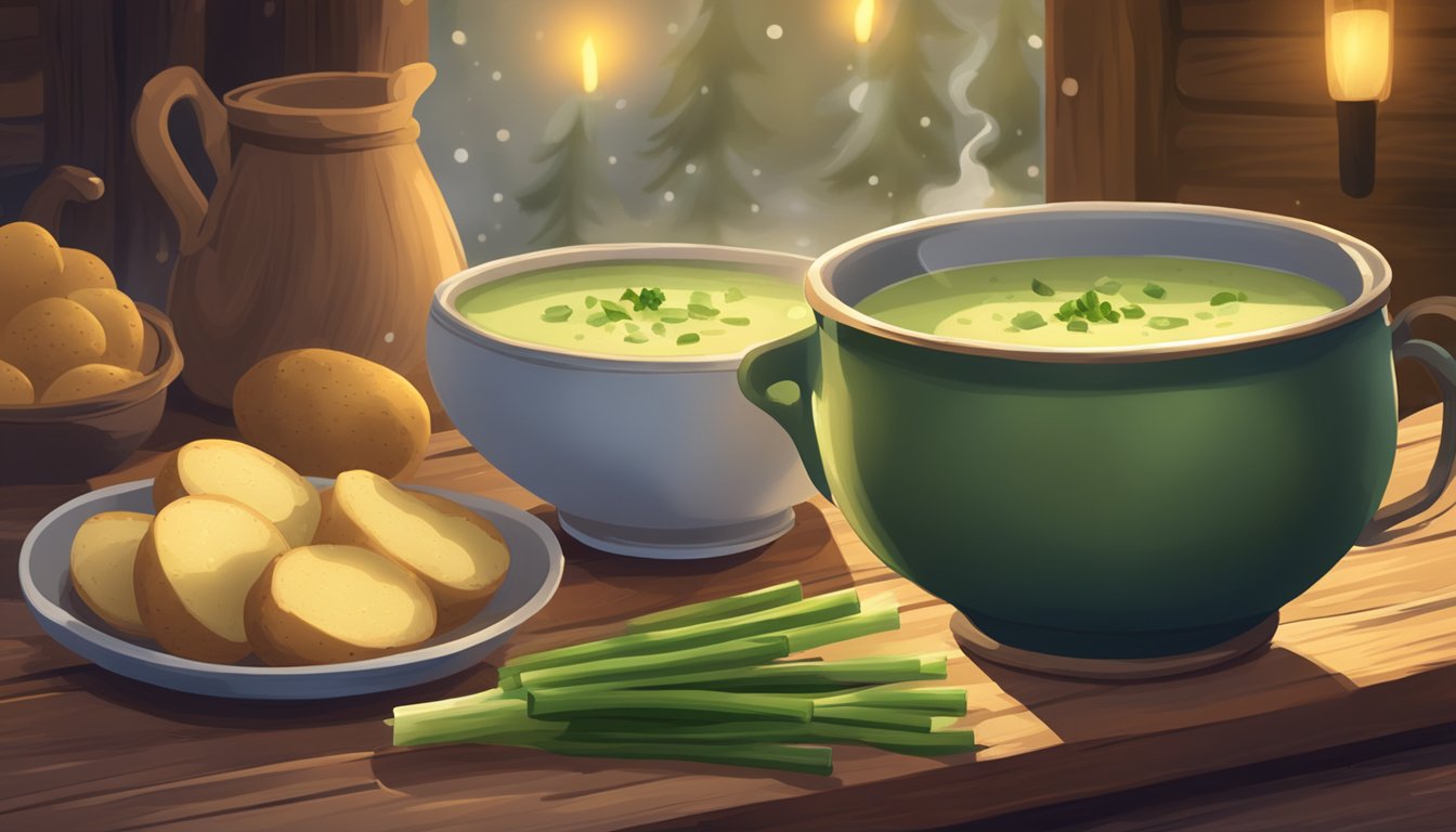 A steaming bowl of green leek and potato soup sits on a rustic wooden table, surrounded by a cozy Texas-style setting with warm lighting and winter decor