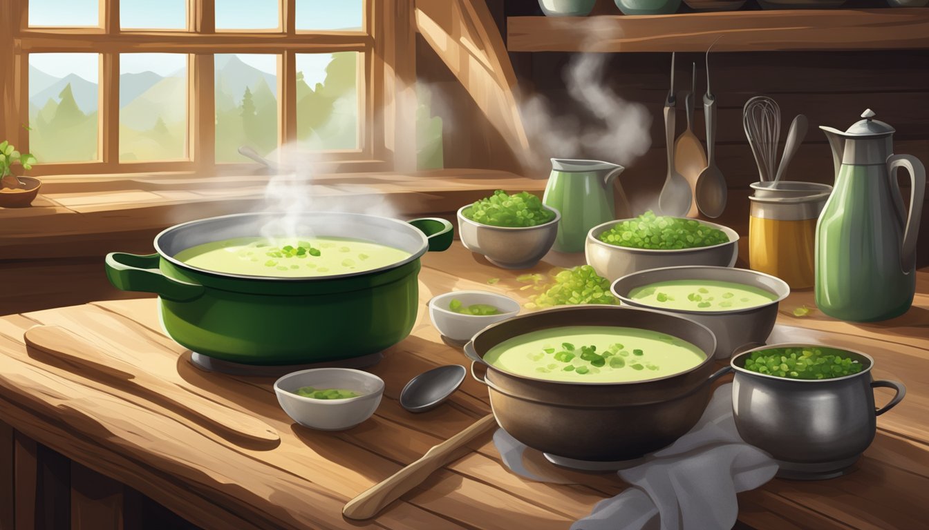 A steaming pot of green Irish leek and potato soup sits on a rustic wooden table, surrounded by bowls and spoons. A cozy kitchen window lets in soft winter light