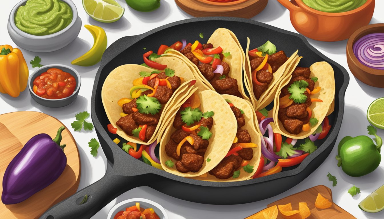 A sizzling skillet of sizzling chorizo tacos, surrounded by colorful peppers and onions, with a side of fresh salsa and guacamole