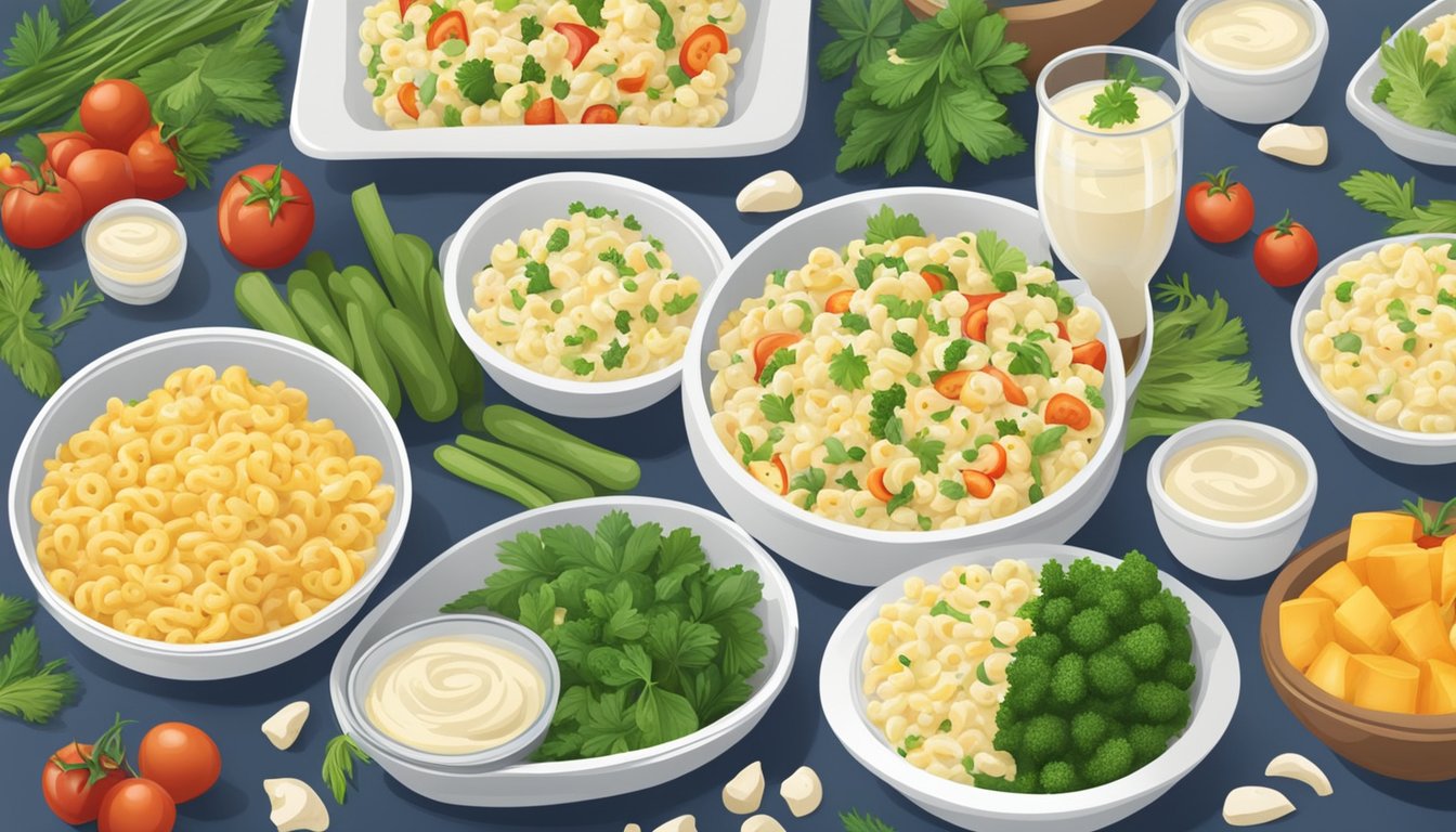 A picnic table set with a large bowl of creamy macaroni salad surrounded by fresh vegetables and herbs