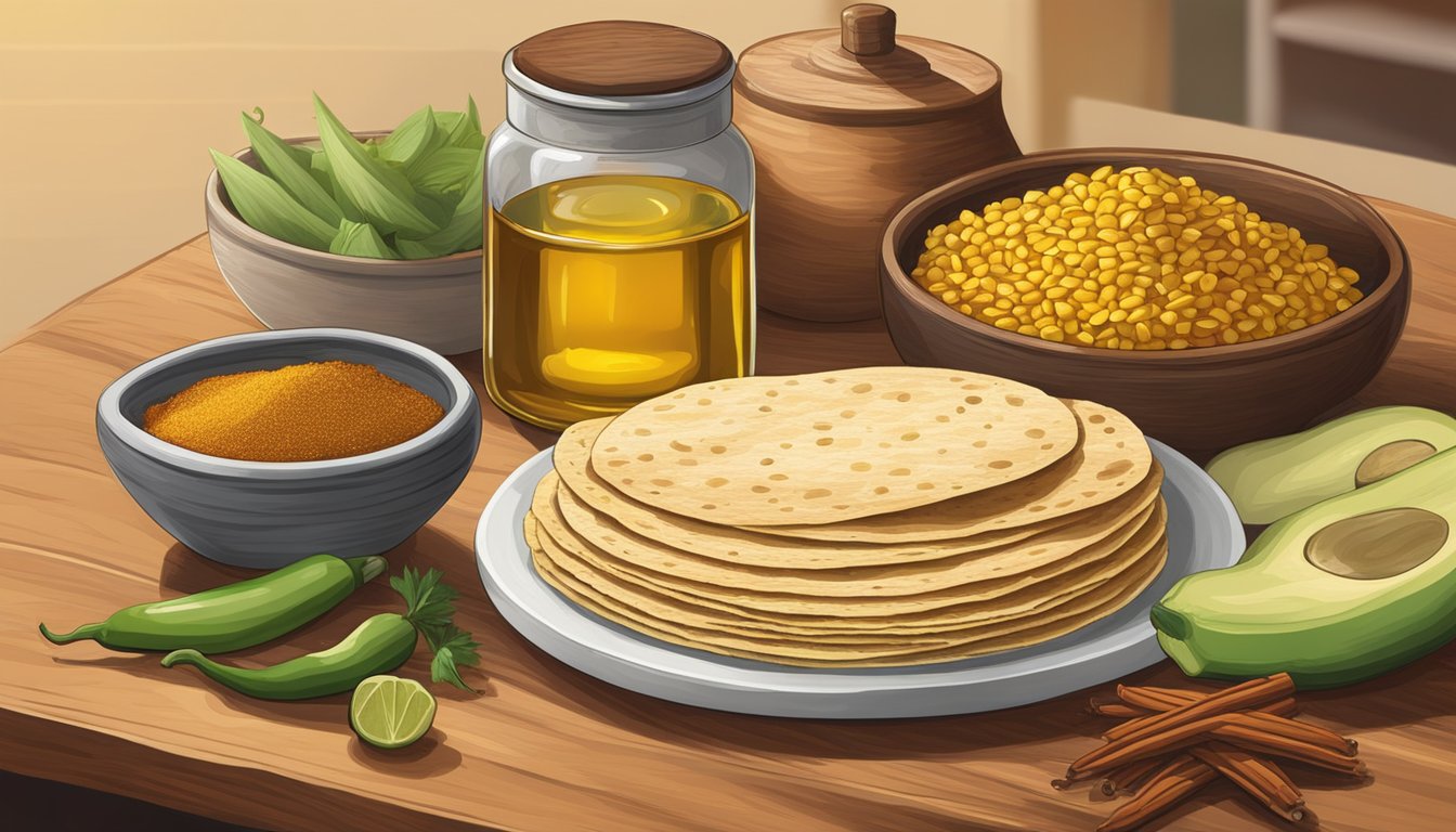 A rustic kitchen counter with a wooden cutting board, a pile of corn tortillas, a bowl of oil, and a selection of Tex-Mex spices