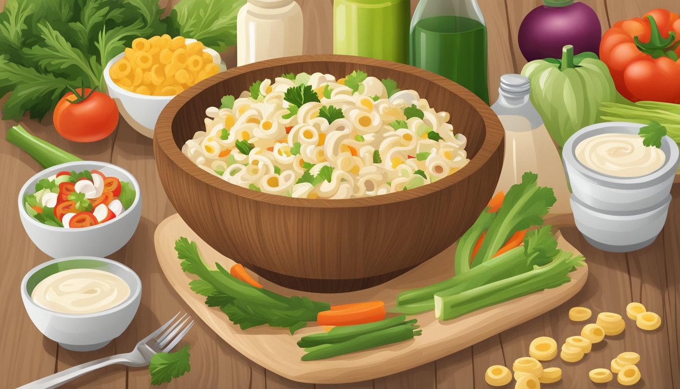 A wooden bowl filled with creamy macaroni salad, surrounded by fresh vegetables and a bottle of dressing