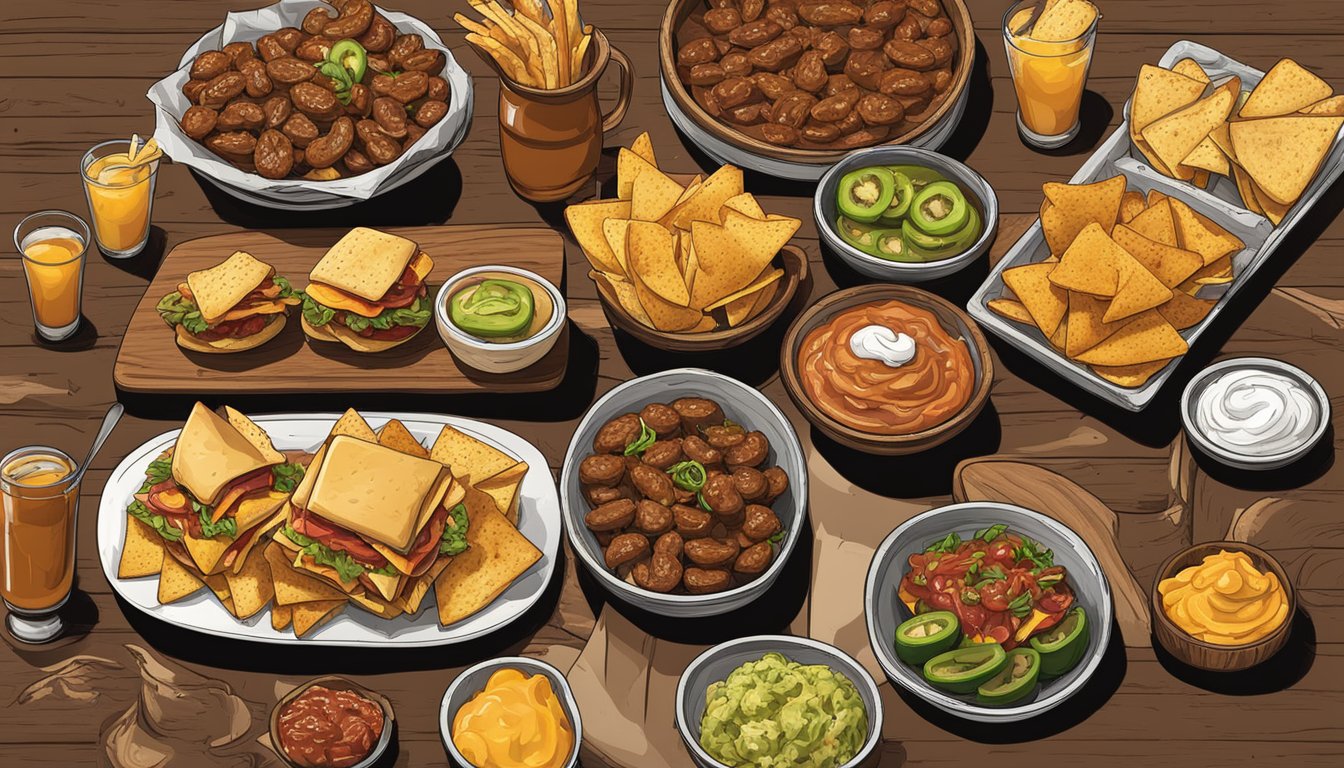 A rustic wooden table set with a spread of Texas-style appetizers, including loaded nachos, jalapeno poppers, and BBQ sliders