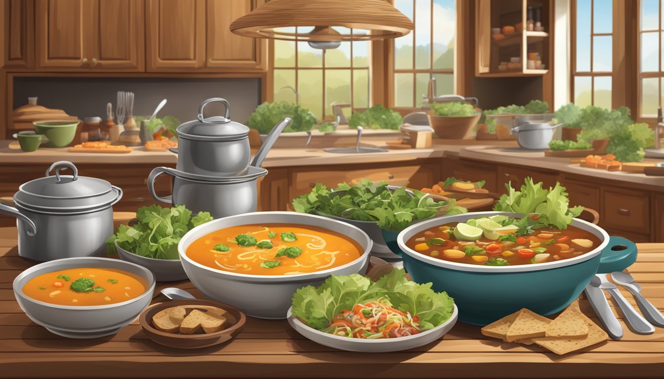 A rustic wooden table set with a variety of hearty soups, fresh salads, and flavorful sides, surrounded by a warm and inviting Texas-style kitchen